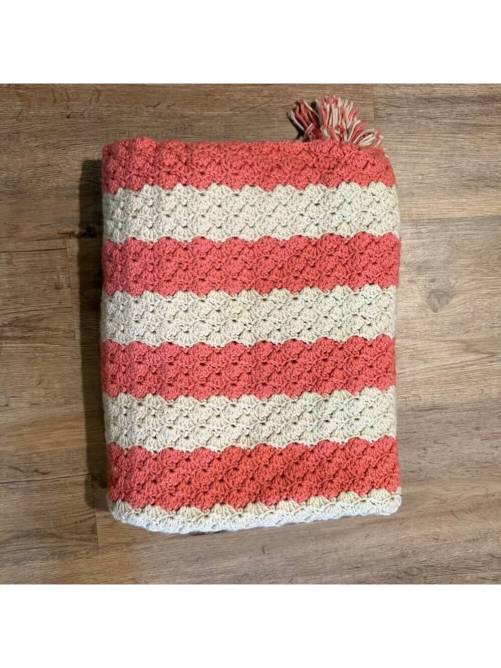 Handmade Crochet Striped Blanket Pink & White w/ Fringe Size Approx 53x72”